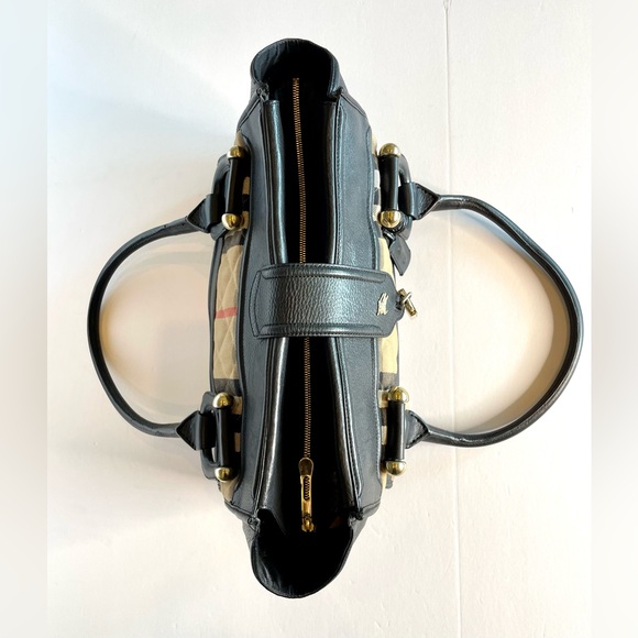 Burberry Manor Satchel Nova Check Black Leather Trim Tote Bag Authentic - Picture 7 of 16